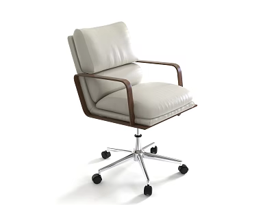 Modern Minimalist Office Chair With Light Beige Leather Wooden Armrests And Silver Metal Base 3d model