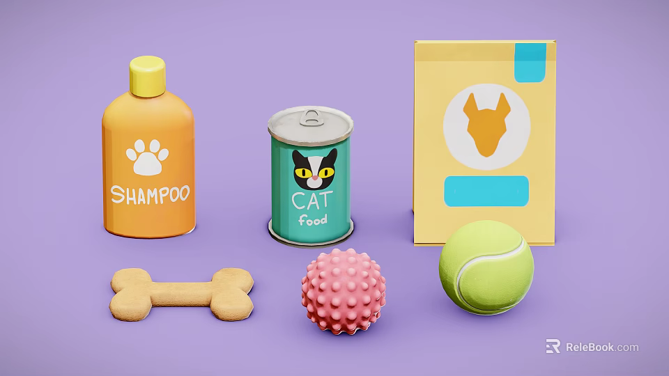 Healthy Pet Food Collection Featuring Green Cat Food Can Dog Bone Treats And Yellow Package 3d model 