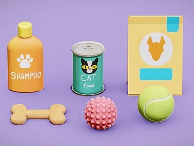 Healthy Pet Food Collection Featuring Green Cat Food Can Dog Bone Treats And Yellow Package 3d model