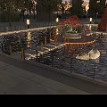 Evening Park Landscape Featuring Water Pool Circular Platform Red Trees Street Lamps And Swan Sculptures