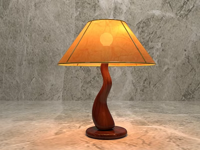 Stylish Wooden Table Lamp With Twisted Stand And Orange Lampshade On Marble Surface 3d model