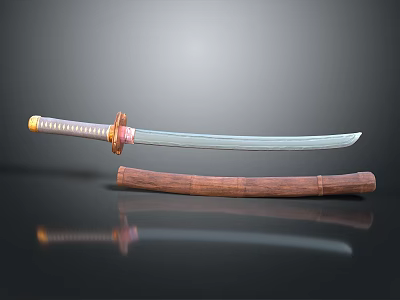 Authentic Traditional Samurai Sword Weapon With Ornate Handle And Wooden Scabbard 3d model