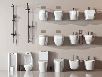 Various Modern Toilet Designs with Shower Fixtures and Urinals in Bathroom 3d model