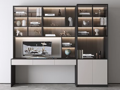 Modern Home Office Desk With Bookshelf Decorative Items Books Globe And Monitor 3d model