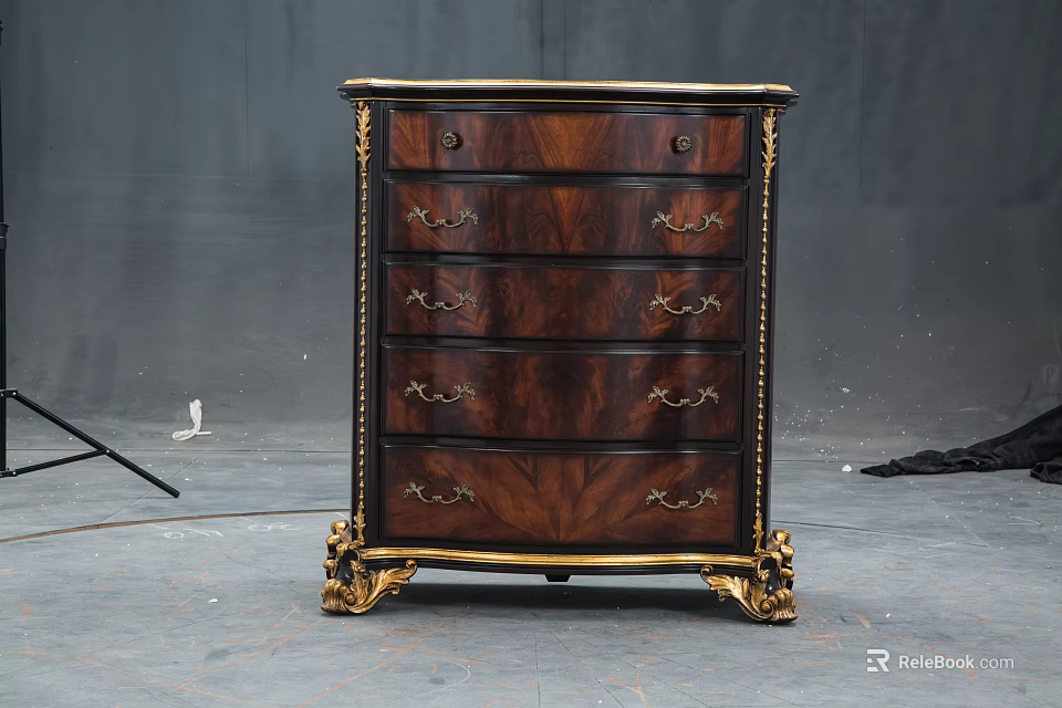 Classic Dark Wooden Chest of Drawers With Gold Accents Ornate Handles And Carved Legs 3d model 