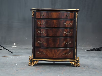 Classic Dark Wooden Chest of Drawers With Gold Accents Ornate Handles And Carved Legs 3d model