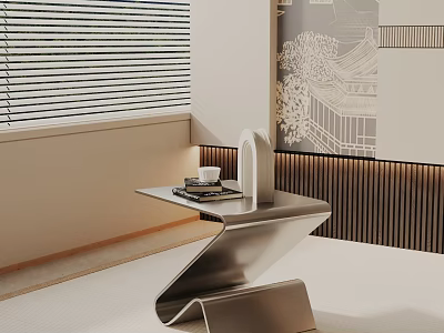 Modern Z Shaped Metal Side Table With White Cup Books And Wooden Decor Wall 3d model