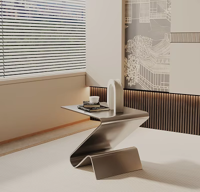 Modern Z Shaped Metal Side Table With White Cup Books And Wooden Decor Wall 3d model