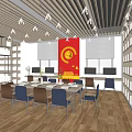 Book Art Themed Library Interior With Wooden Bookshelves Long Table Reading Chairs And Books