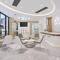 Modern Dental Clinic Interior With Dental Chair Computer White Cabinets Blue Wall And Red Seats
