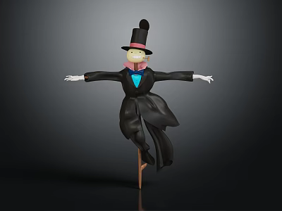 Doll Character With Black Top Hat White Gloves Blue Bow Tie Standing On Wooden Pole 3d model