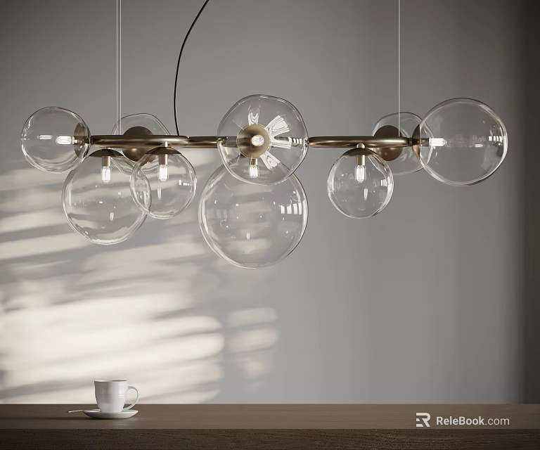 Modern Transparent Spherical Shade Chandelier With Metal Rod And Light Shadow Effect Above Table 3d model 