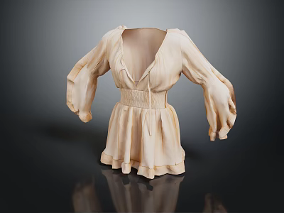 Elegant Beige Dress With Loose Long Sleeves And Tied Waist Design 3d model