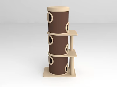 Wooden Cat Tree With Circular Holes And Multiple Platforms Design 3d model