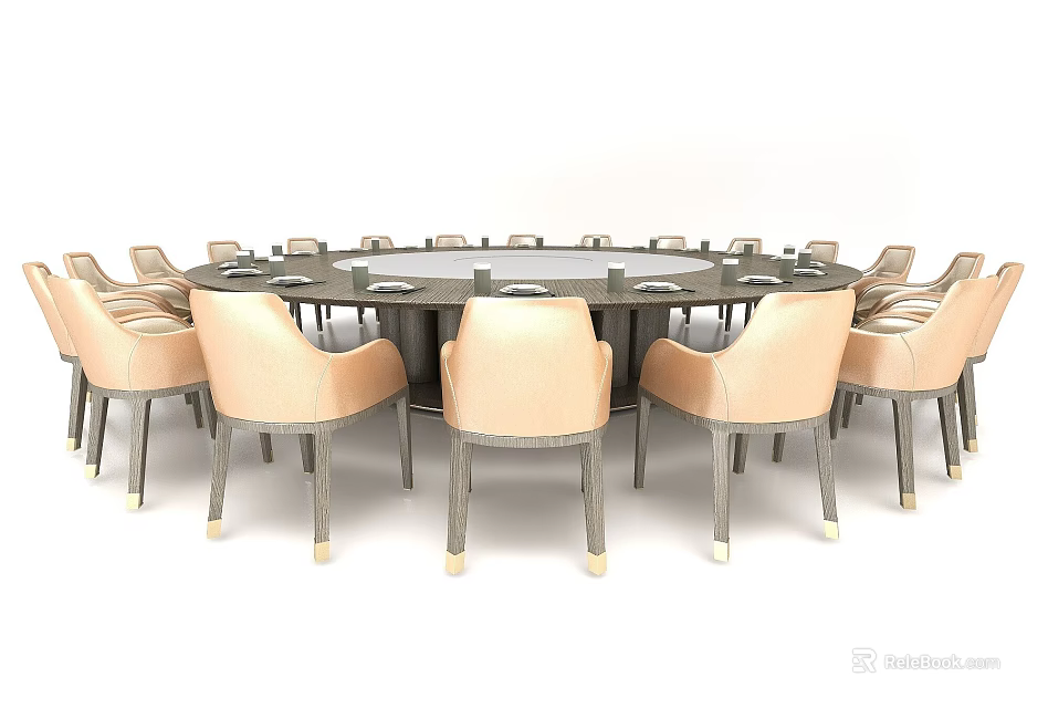 Elegant Round Dining Table Surrounded by Multiple Beige Chairs in Dining Space 3d model