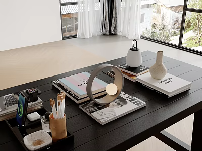 Modern Black Table with Magazines Lamp Pen Holder and Daily Items by Large Windows with Green Plants 3d model