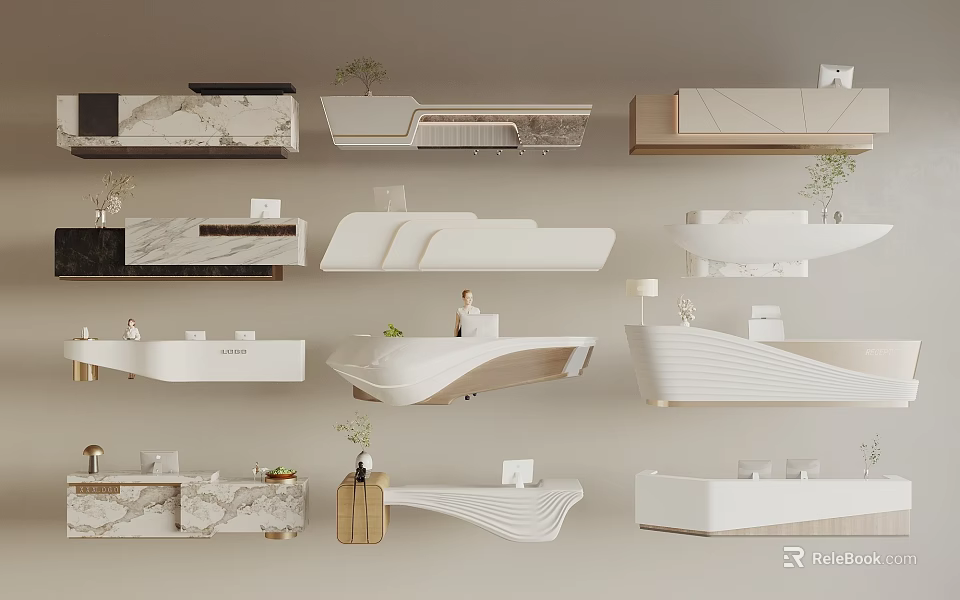 Modern Reception Desk Designs With Marble Countertops Curved Shapes And Green Plants 3d model 
