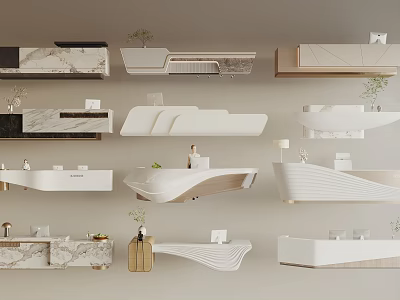 Modern Reception Desk Designs With Marble Countertops Curved Shapes And Green Plants 3d model