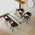 Modern Glass Dining Table With Black Chairs On Round Rug Near Window Blinds