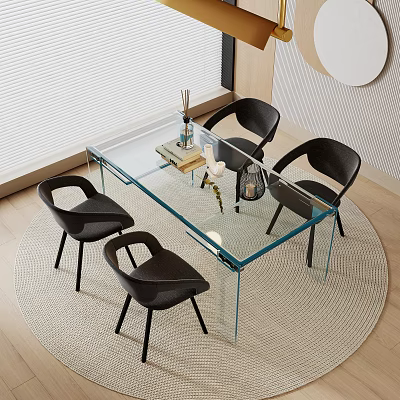 Modern Glass Dining Table With Black Chairs On Round Rug Near Window Blinds 3d model