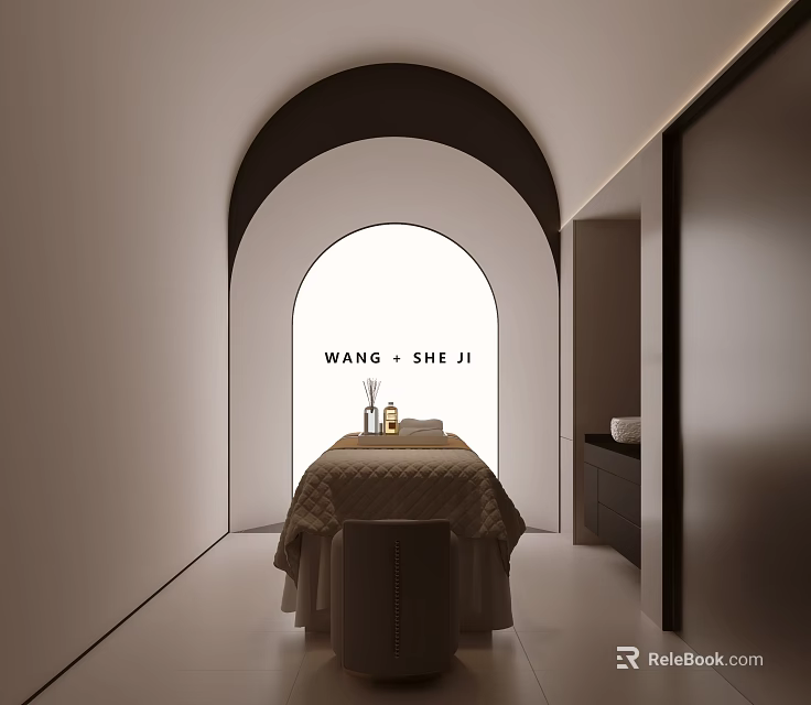 Modern Beauty Salon Interior With Arched Doorway Massage Bed Skincare Products Cabinet And White Bowl 3d model 