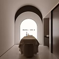 Modern Beauty Salon Interior With Arched Doorway Massage Bed Skincare Products Cabinet And White Bowl