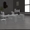 Modern White Office Desk With Drawers Computer Monitors Ergonomic Chair And Indoor Plants