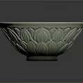 Carved Ceramic Bowl With Intricate Lotus Patterns Light Green Glaze and Visible Edge Crack