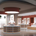 Modern Clothing Store Interior With Glass Doors Red Circular Pendant Lights And Round Display Counter