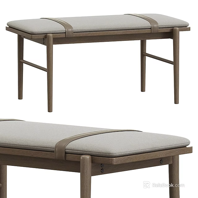 Modern Wooden Bench with Upholstered Seat and Leather Straps in Natural Finish 3d model 