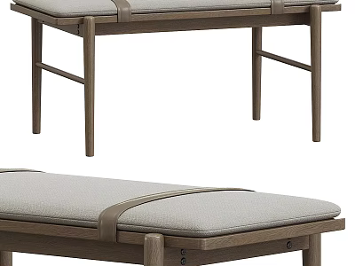 Modern Wooden Bench with Upholstered Seat and Leather Straps in Natural Finish 3d model
