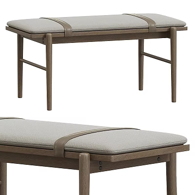 Modern Wooden Bench with Upholstered Seat and Leather Straps in Natural Finish 3d model