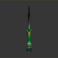 Fantasy Axe with Green and Gold Decorative Handle Sharp Serrated Blade and Ornate Details