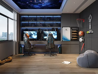Modern Gaming Room With Dual Monitors Starry Ceiling And Gaming Chairs 3d model