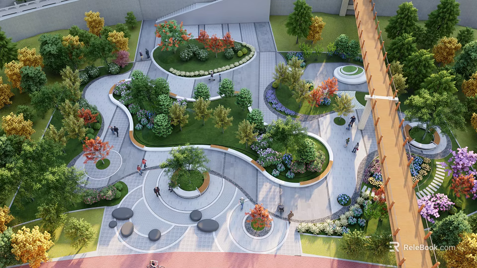 Scenic Park Landscape Design with Curved Walkways Various Trees Colorful Flower Beds and Rest Areas 3d model 