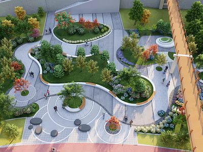 Scenic Park Landscape Design with Curved Walkways Various Trees Colorful Flower Beds and Rest Areas 3d model