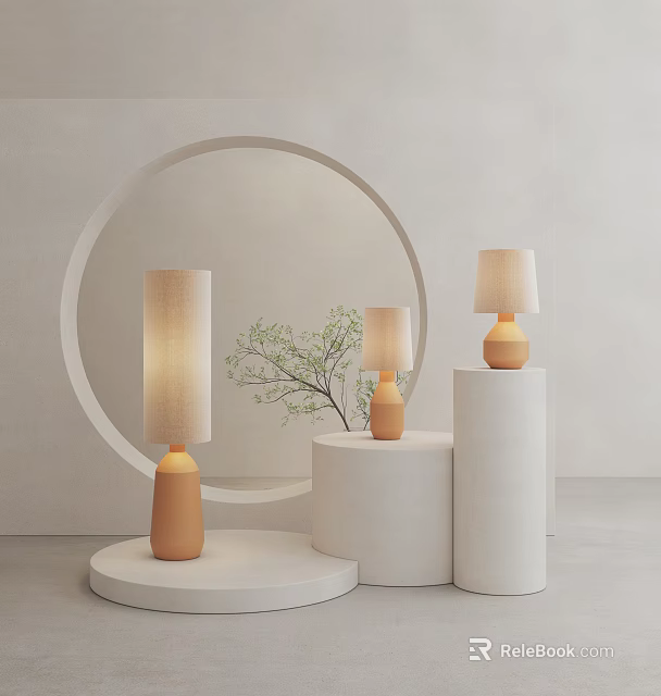 Minimalist Table Lamp Combination With White Cylindrical Pedestals Round Mirror And Green Plant Decoration 3d model 