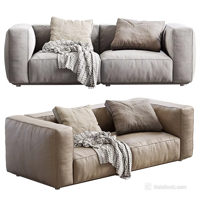 Cozy Beige Two-Seater Sofa With Soft Pillows And Knitted Throw Blanket 3d model 