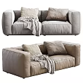 Cozy Beige Two-Seater Sofa With Soft Pillows And Knitted Throw Blanket