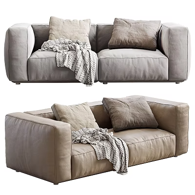 Cozy Beige Two-Seater Sofa With Soft Pillows And Knitted Throw Blanket 3d model