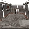Classic Ancient Roman Atrium With Intricate Mosaic Flooring Decorative Wall Frescoes And Wooden Benches