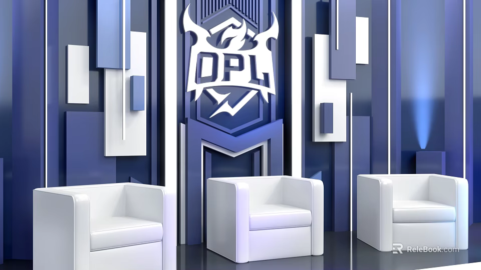 Modern Interactive Area With DPL Logo Blue White Geometric Design And White Chairs 3d model 