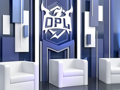 Modern Interactive Area With DPL Logo Blue White Geometric Design And White Chairs 3d model