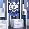 Modern Interactive Area With DPL Logo Blue White Geometric Design And White Chairs