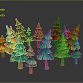 Colorful Paper Art Trees With Various Green Red Yellow Blue Tones On Dark Background