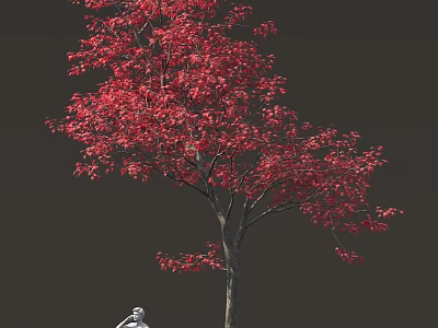 Vibrant Red Leaf Tree With White Human Sculpture Standing Underneath 3d model