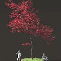 Vibrant Red Leaf Tree With White Human Sculpture Standing Underneath 3d model