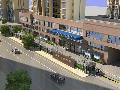 Modern Commercial Street Building Exterior With Glass Windows Blue Awning Surrounding Trees And Street Cars 3d model