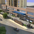 Modern Commercial Street Building Exterior With Glass Windows Blue Awning Surrounding Trees And Street Cars