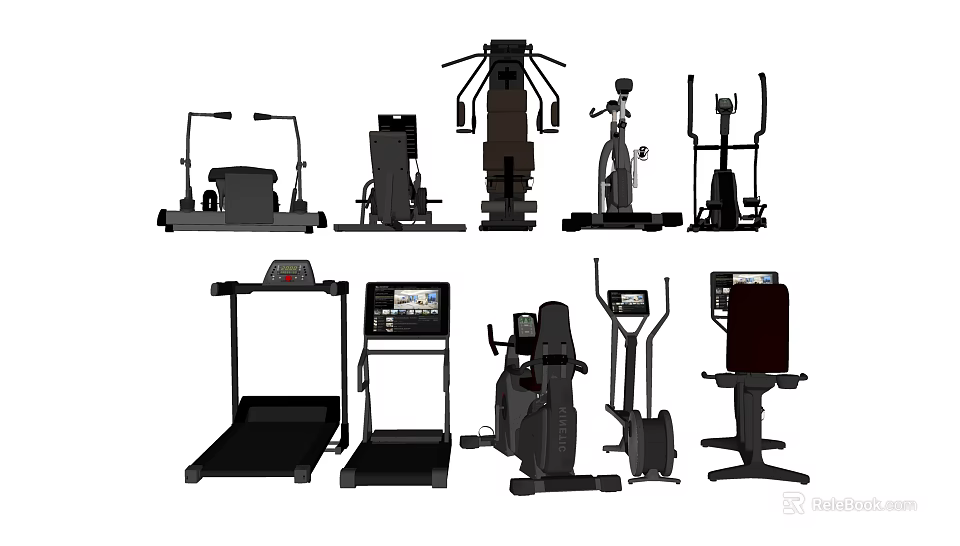 Different Types of Fitness Equipment Including Treadmills Elliptical Machines and Strength Training Gear 3d model 